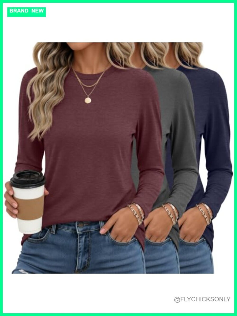 Women's Long Sleeve Crewneck T-Shirts 3 Pack Casual Basic Tops